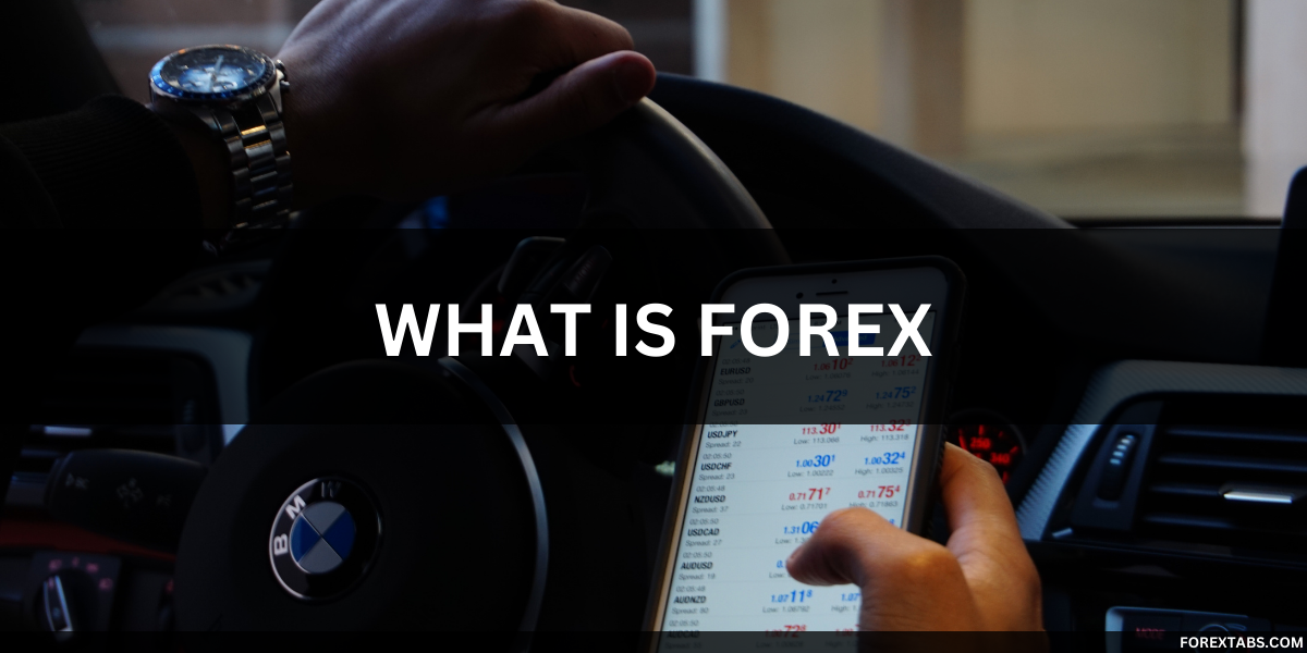 What is Forex? Forex trading on the go. A hand steers a wheel while the other hand trades Forex on a mobile phone.