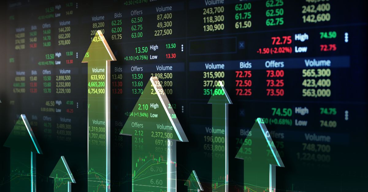Forex trading dashboard showing live market data and rising price charts, illustrating bullish trends for beginner forex traders