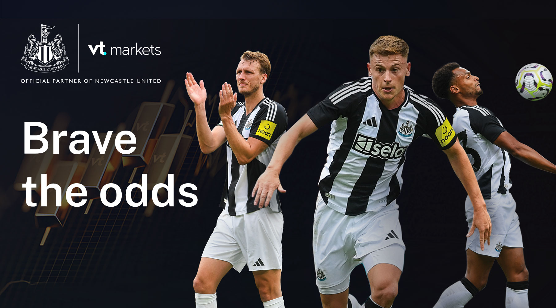 VT Markets Newcastle United Sponsorship banner featuring football players in action with "Brave the odds" slogan and official sponsor branding